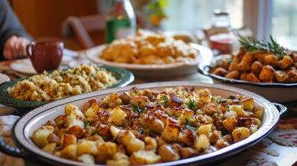 Obraz premium A multiracial family enjoying Thanksgiving dinner, with dishes like roasted potatoes, stuffing, and gravy spread across the table.