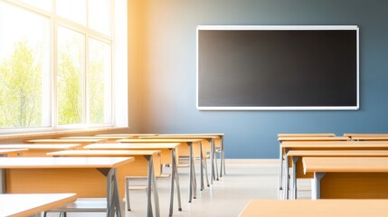 Bright classroom with empty desks and a chalkboard, sunlight streaming through large windows