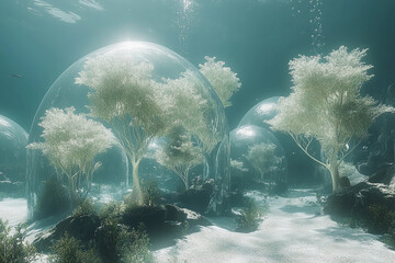 Obraz premium Underwater landscape featuring glowing trees and transparent bubbles illuminated by soft light