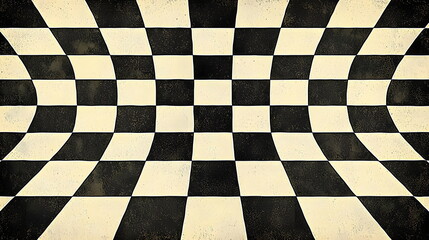 Wavy black and white checkered pattern with a vintage texture creating a distorted perspective.