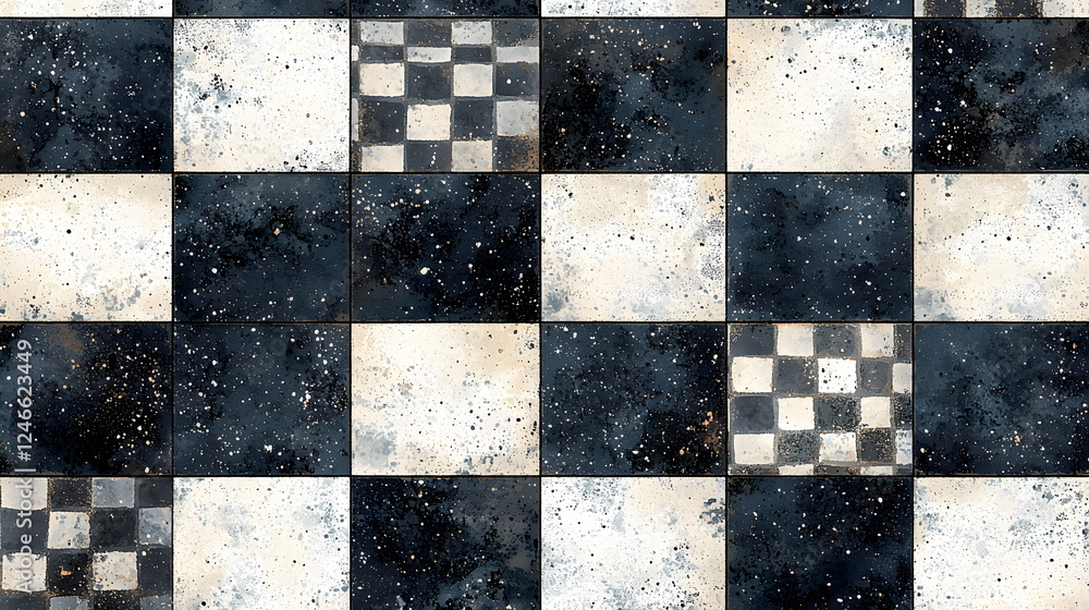 Poster elegant black and white checkerboard pattern with textured squares and a speckled background.