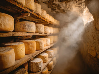 Rustic Cheese Cellar with Aging Cheese Wheels