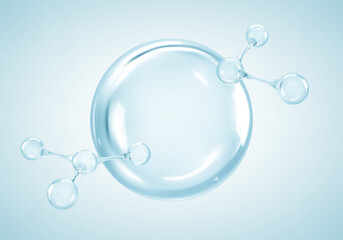 Cosmetic essence with molecules. Molecules and liquid bubble. Collagen skin serum. Hyaluronic acid. Skincare product. Concept skin care cosmetics solution