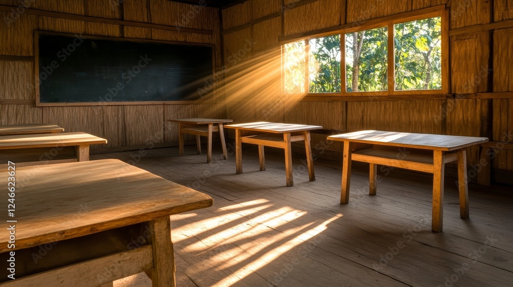 Aufkleber sunlight streaming through windows in a rustic classroom with wooden tables and a chalkboard