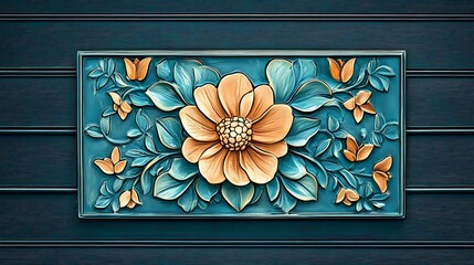 Intricate Teal and Peach Floral Digital Painting on Dark Wood Background AI Generated