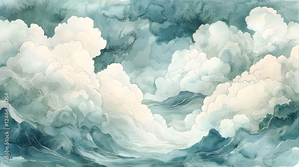 Aufkleber cloudy ocean waves with swirling patterns in shades of blue and white creating a serene atmosphere