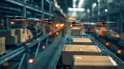 Drones Inspecting Packages on an Automated Conveyor Belt