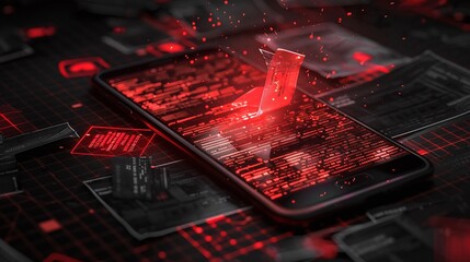 Glowing Digital Smartphone Interface with Holographic Elements  Futuristic Abstract Technology Background with Red Neon Lights Circuits and Glitch Effect
