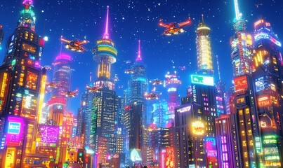 Obraz premium Futuristic cityscape at night with flying vehicles and vibrant neon signs