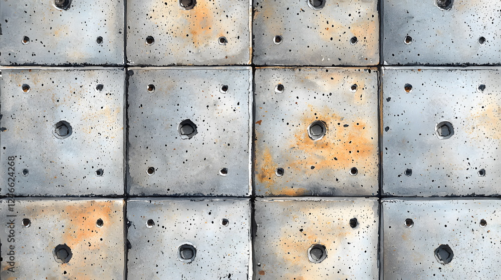 Poster Textured concrete tiles arranged in a grid pattern with holes and weathered paint details.