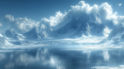 Majestic Frozen Landscape with Snowy Mountains and Reflection