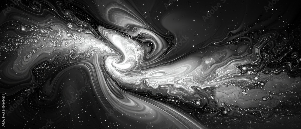 Poster abstract black and white spirals in space with ethereal swirls and cosmic elements for unique backgr