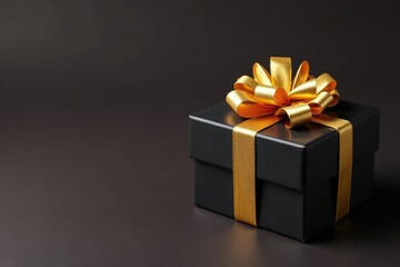 Gold ribbon tied around a black gift box with a bow on top, bow, gift wrap