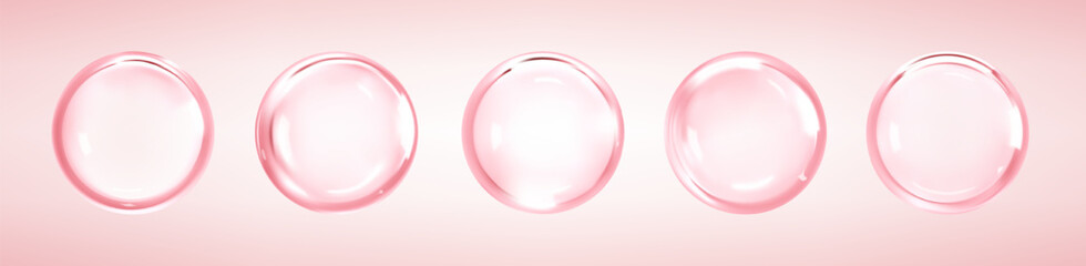 Cosmetic collagen serum or essence drops on pink background. Hyaluronic acid bubbles. Skincare product. Vector illustration
