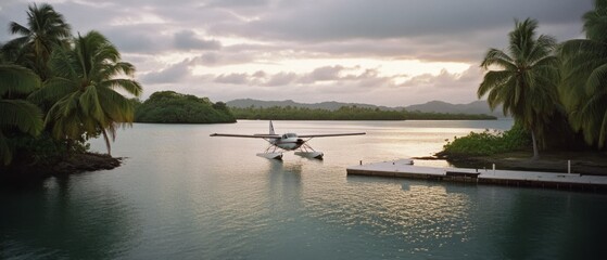 A seaplane is moored at a tranquil tropical bay, poised between serene waters and lush palm trees, inviting a sense of wanderlust and escape.