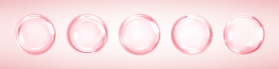 Cosmetic collagen serum or essence drops on pink background. Hyaluronic acid bubbles. Skincare product. Vector illustration