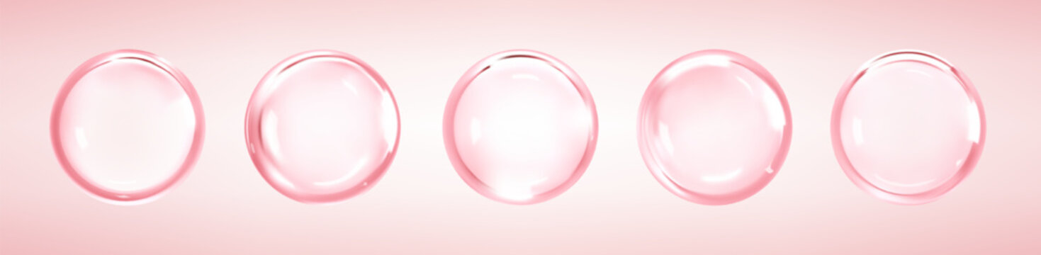 Cosmetic collagen serum or essence drops on pink background. Hyaluronic acid bubbles. Skincare product. Vector illustration