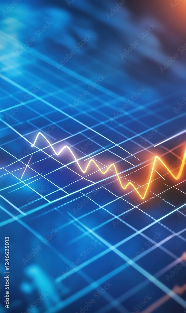 Poster glowing graph lines on digital grid, blue background with data points, for financial analysis