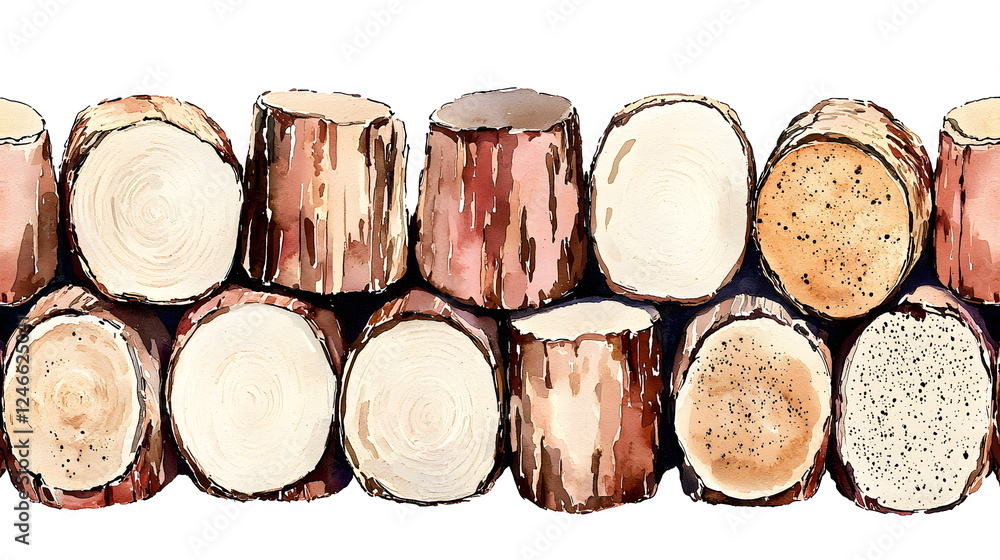 Poster log stack arrangement with cut ends displaying varied textures and colors