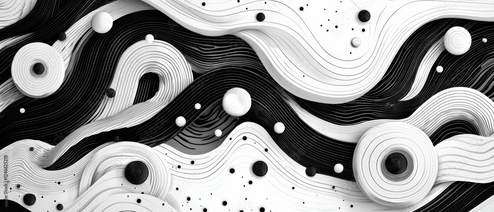 Poster abstract black and white background with smooth ribbons and circular elements in fluid art style