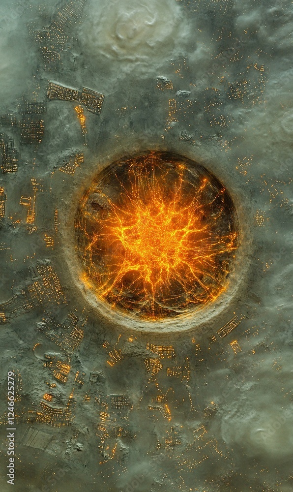 Poster glowing orange core within a circular opening on a textured gray surface