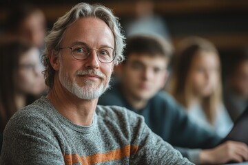 Man with glasses and beard using laptop while professor supervises college students taking a test