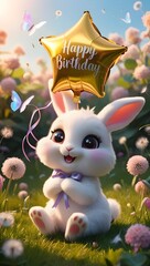 A cheerful chibi bunny holds a star balloon reading "Happy Birthday" in a sunlit, magical garden filled with glowing flowers and butterflies.