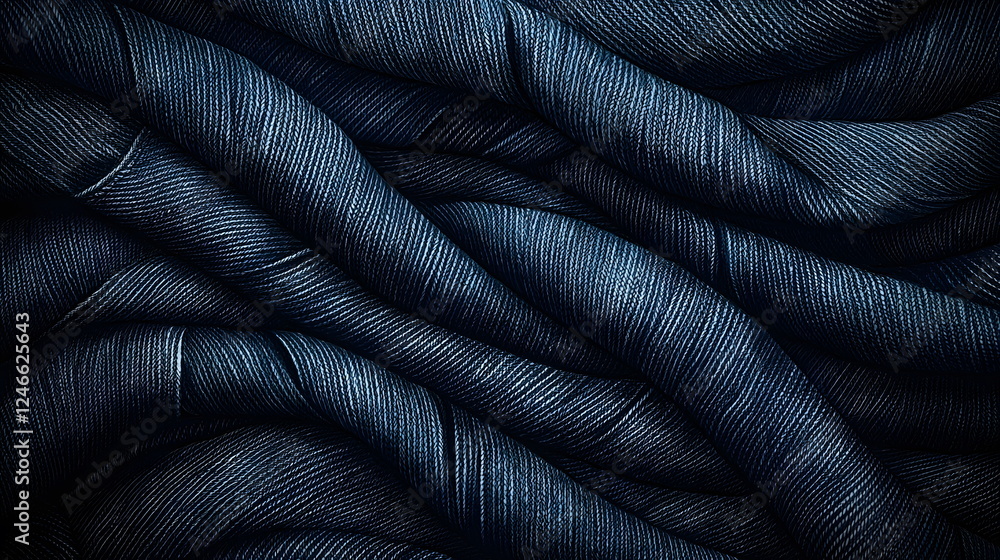 Poster dark blue textured yarn intertwined in an abstract pattern with shadow contrasts.