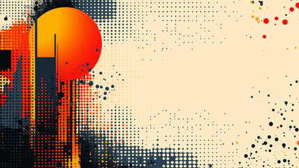 Abstract digital art with vibrant colors and geometric shapes, featuring large orange circle and dotted patterns, creating modern and dynamic composition