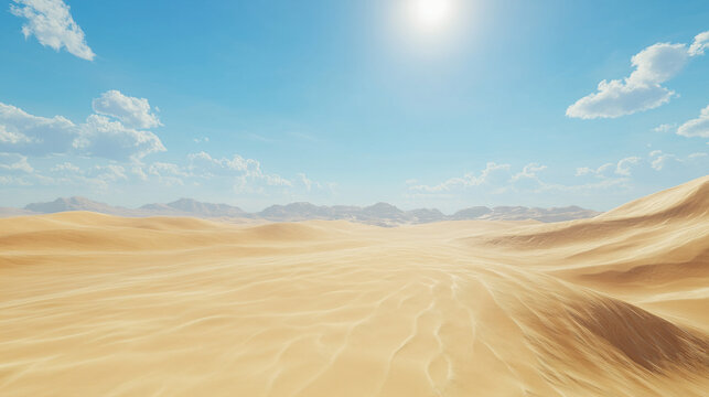A vast desert with rolling golden dunes under a clear blue sky