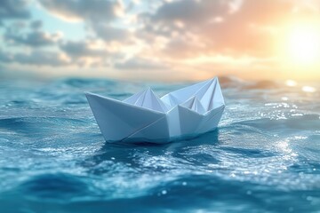 origami paper boat sailing against the current rendered in vibrant blues and whites symbolizing innovative leadership and bold decisionmaking