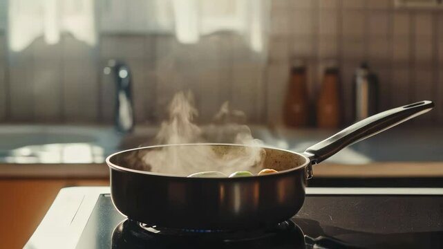 Non stick frying pan with handle on modern stovetop with steam rising in sunlit kitchen interior. Food cooking and heating process in slow motion