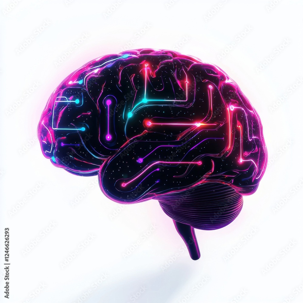 Poster a vibrant, digital representation of a brain, illuminated with colorful circuits, symbolizing intell