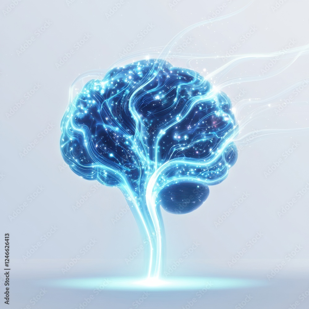 Poster a glowing, abstract representation of a brain resembling a tree, symbolizing knowledge, growth, and 