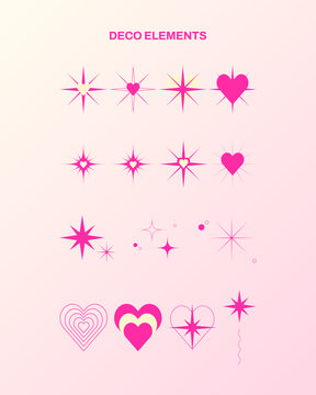 키치한 반짝이와 하트 장식 요소 세트. y2k style elements graphic.