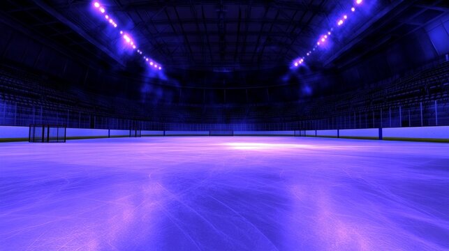 A serene ice rink illuminated by vibrant purple light, showcasing a calm atmosphere for skating events