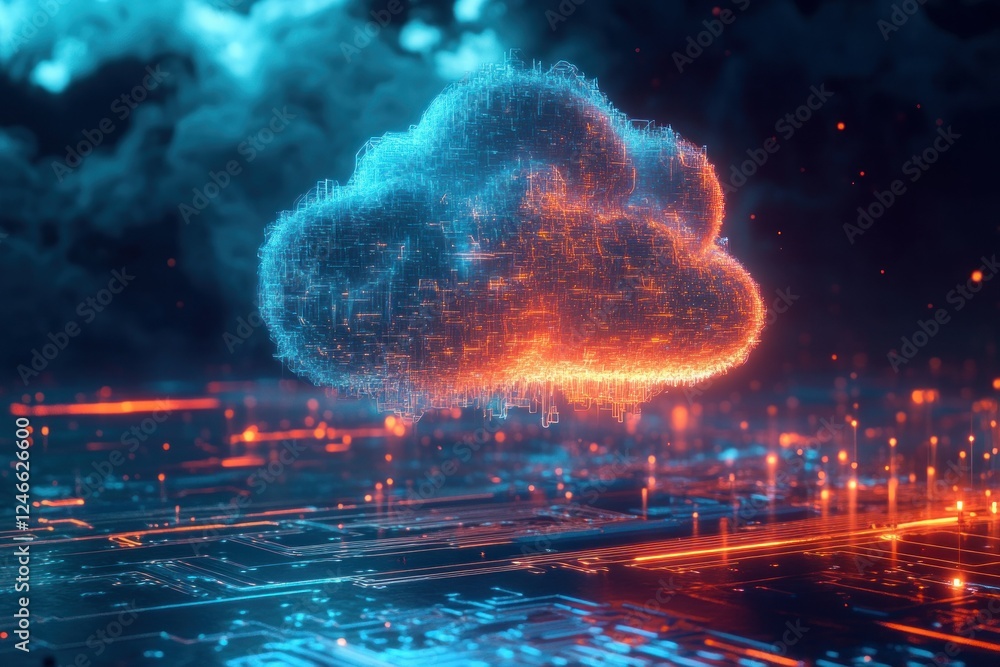 Poster futuristic digital cloud network with glowing elements and high-tech background effects