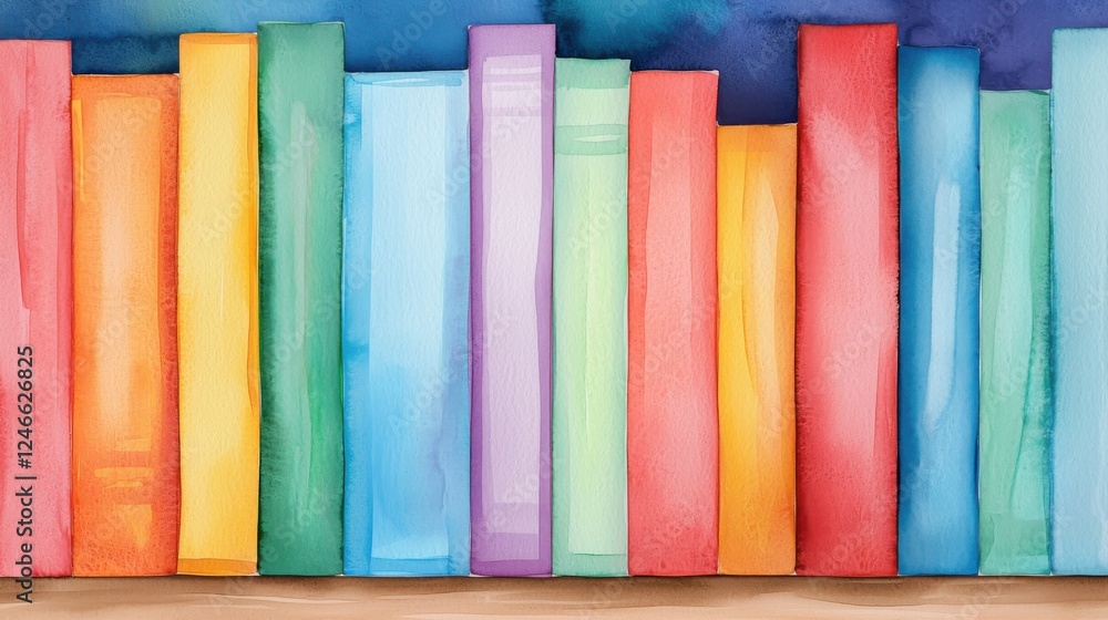 Poster a vibrant display of colorful books arranged neatly on a shelf, creating a cheerful and inviting rea