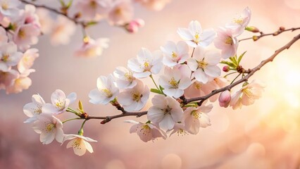 Obraz premium Delicate Cherry Blossom Branch in Soft Sunlight Background