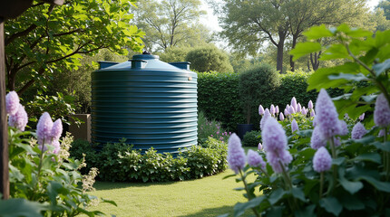 Water storage tank surrounded by vibrant flowers and lush greenery in a peaceful garden setting