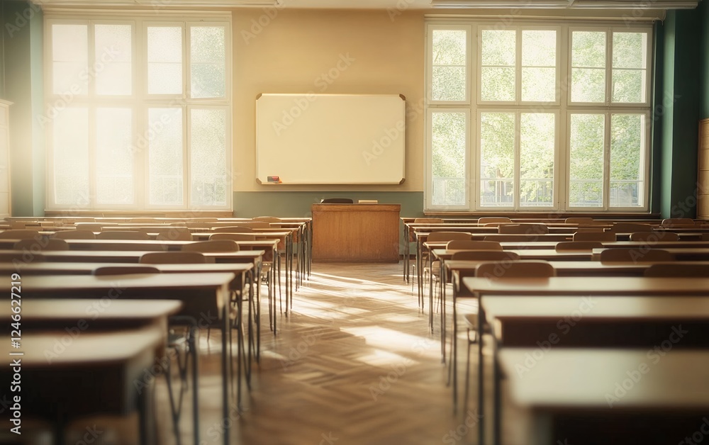 Poster sunlit empty classroom with wooden desks and a whiteboard in a bright learning environment