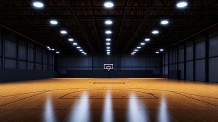 Empty indoor basketball court with polished wooden floor, bright overhead light, and goalpost