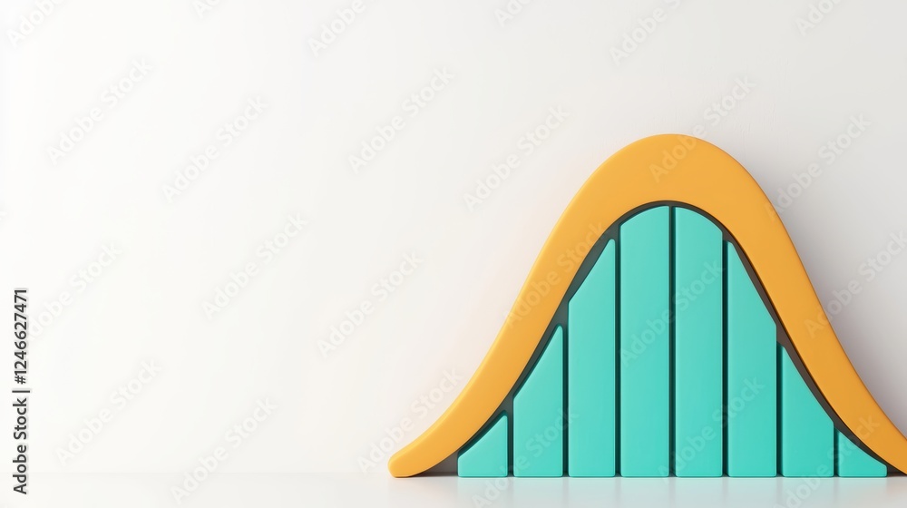 Poster a vibrant 3d representation of a normal distribution curve with teal bars and an orange outline, sym