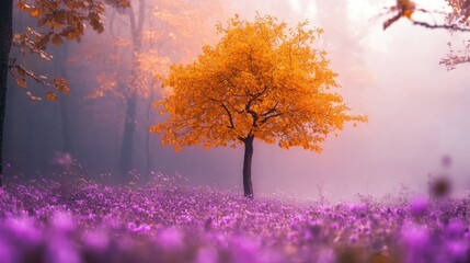 Vibrant Orange Tree Amidst Purple Flowers in Misty Forest Landscape