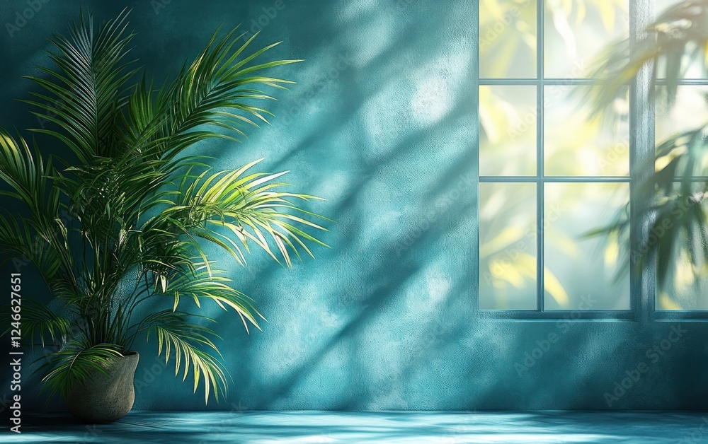Poster minimal abstract blue background with palm leaf shadows for product presentation