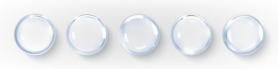 Collagen clear drops. Hyaluronic acid bubbles. Cosmetic serum or essence. Skincare product. Vector illustration