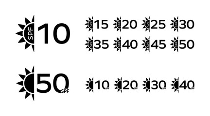 SPF Icons Set for Sun Protection - Minimalist Collection of SPF Icons for UV Protection - Variety of SPF Rating Icons for Sun Protection from 10 to 50
