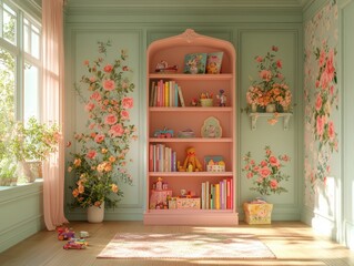 Cozy Children's Room Interior Soft Pastel Colors Pink Bookshelf Sunlight Shadows Warm Atmosphere