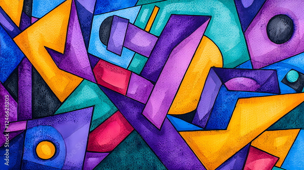 Poster colorful abstract geometric shapes layered on a textured surface creating a vibrant composition