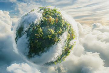 Earth surrounded by lush greenery and clouds in a vibrant, environmental representation